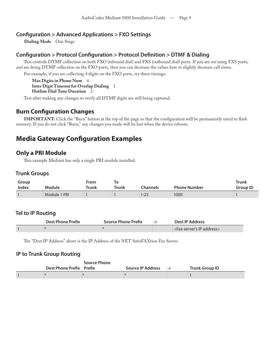Media gateway configuration examples, Burn configuration changes, Only a pri module | Trunk groups, Tel to ip routing, Ip to trunk group routing | FaxBack Mediant 1000 Appliance - Installation Guide User Manual | Page 9 / 18