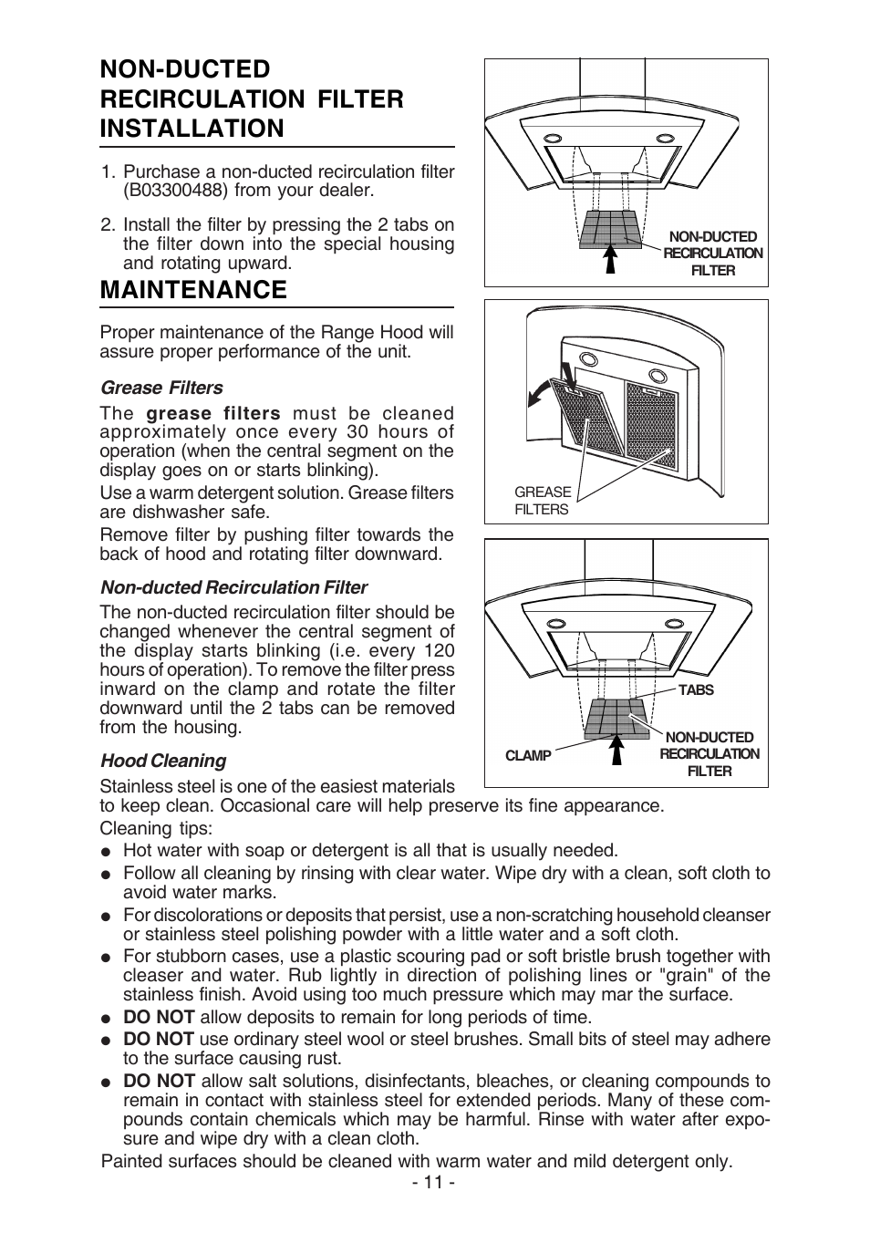 Non-ducted recirculation filter installation, Maintenance | Broan BEST K7388 User Manual | Page 11 / 40