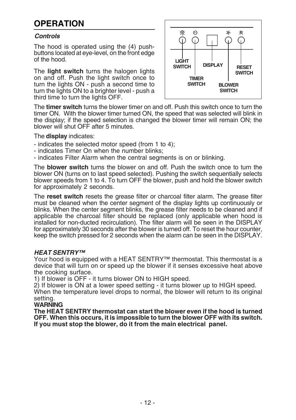 Operation | Broan BEST K7388 User Manual | Page 12 / 40