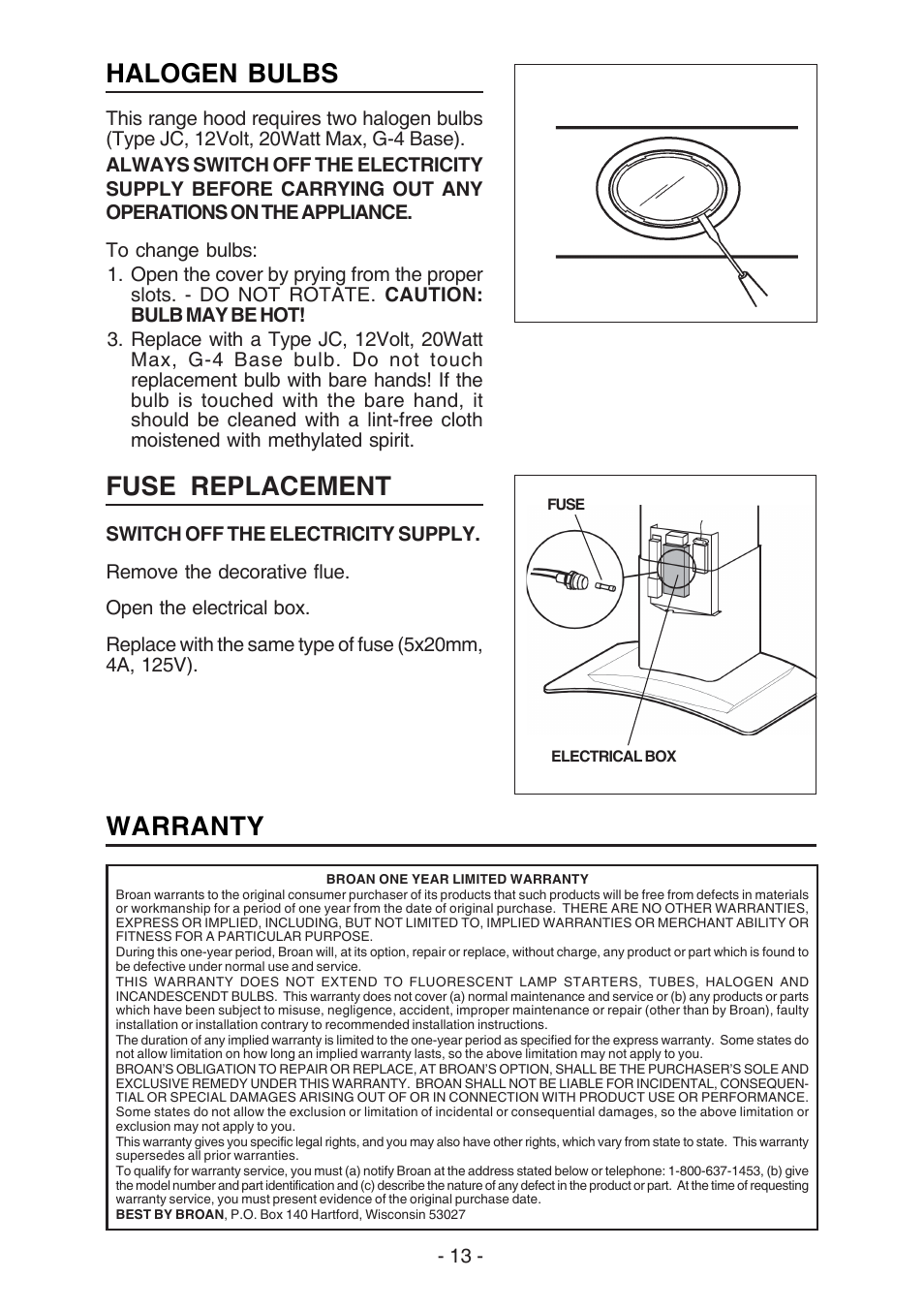 Warranty, Fuse replacement, Halogen bulbs | Broan BEST K7388 User Manual | Page 13 / 40