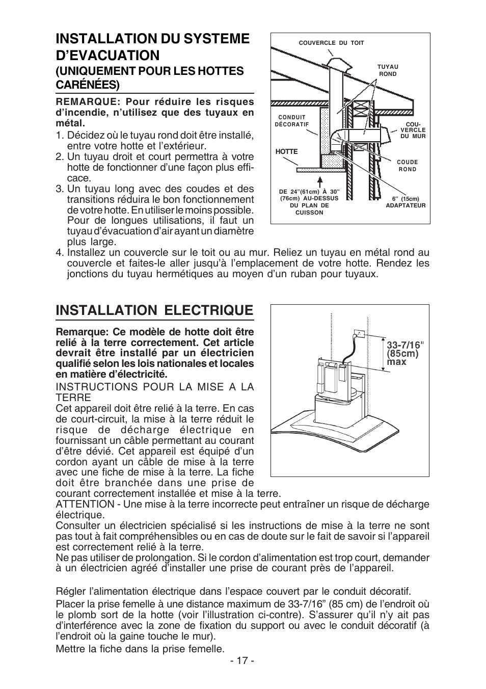Installation du systeme d’evacuation, Installation electrique, Uniquement pour les hottes carénées) | Broan BEST K7388 User Manual | Page 17 / 40