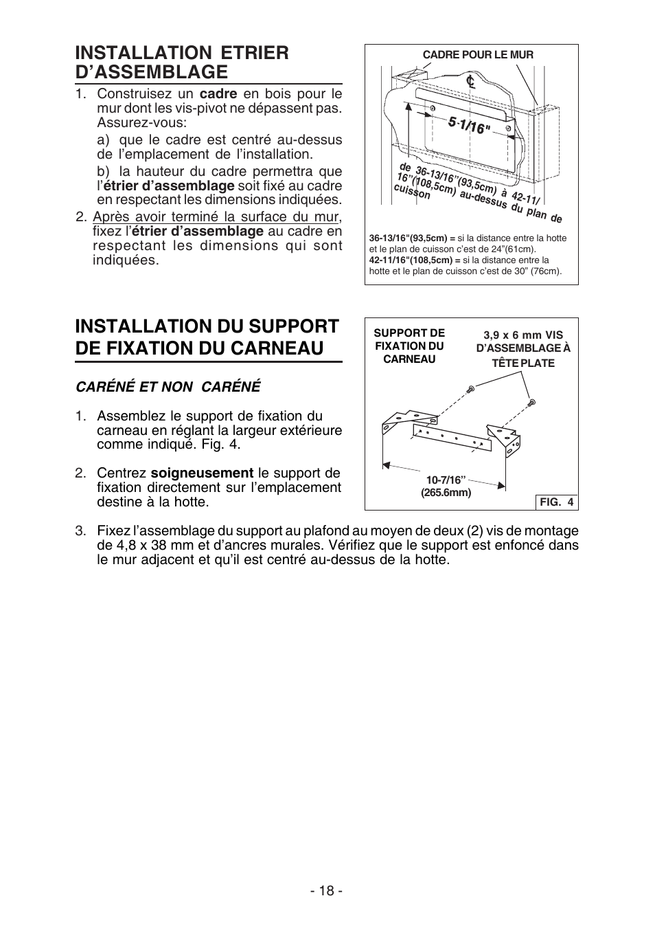 Installation etrier d’assemblage, Installation du support de fixation du carneau | Broan BEST K7388 User Manual | Page 18 / 40