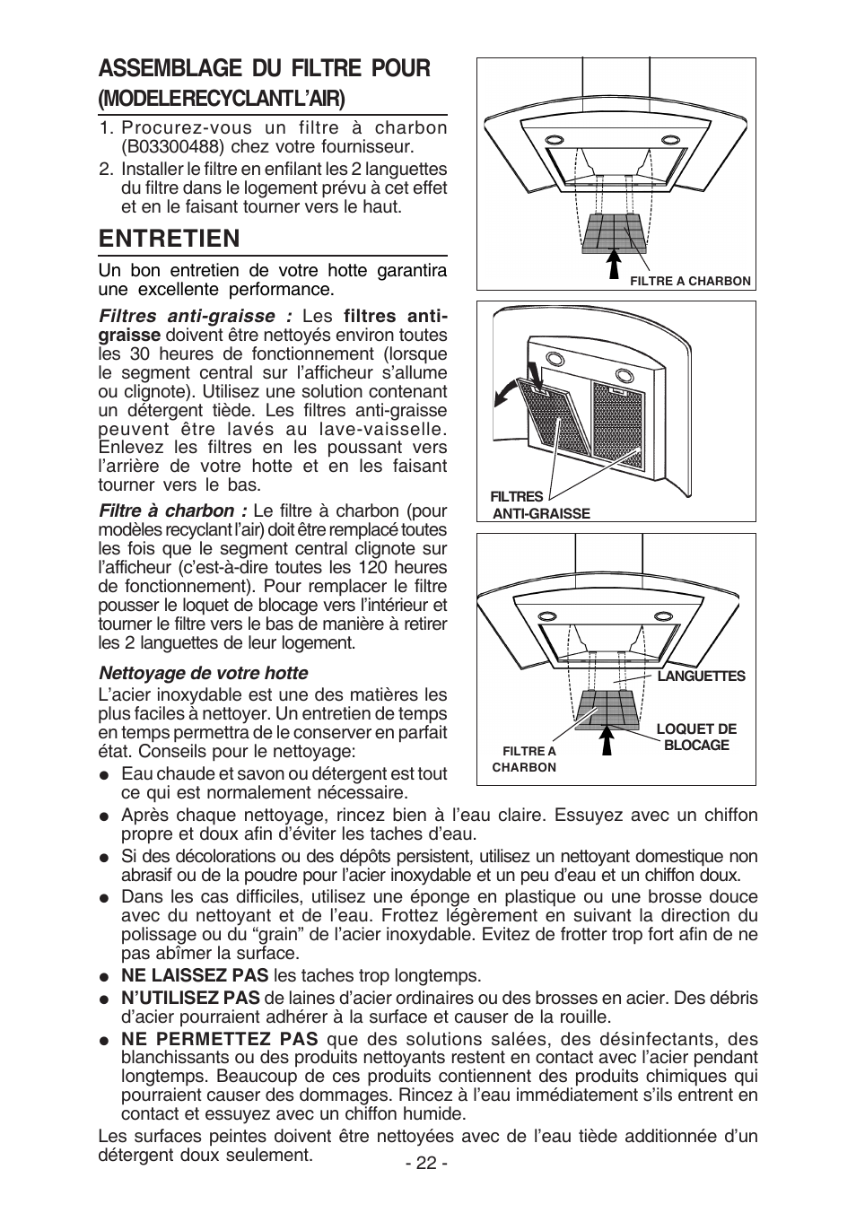 Assemblage du filtre pour, Entretien, Modele recyclant l’air) | Broan BEST K7388 User Manual | Page 22 / 40