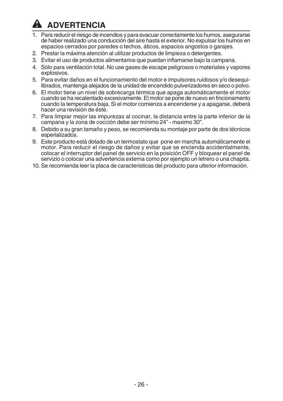 Advertencia | Broan BEST K7388 User Manual | Page 26 / 40