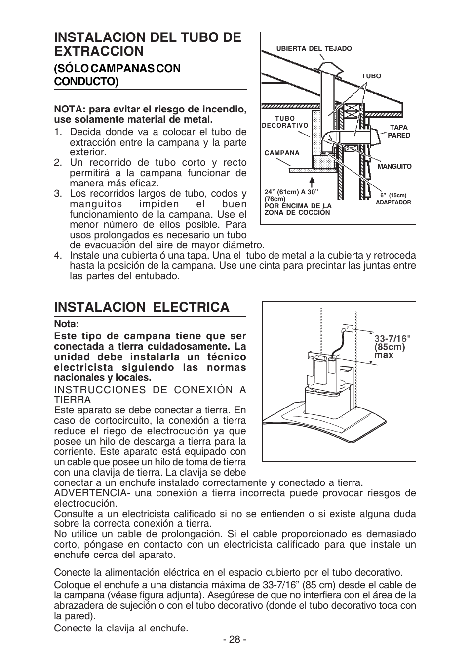 Instalacion del tubo de extraccion, Instalacion electrica | Broan BEST K7388 User Manual | Page 28 / 40