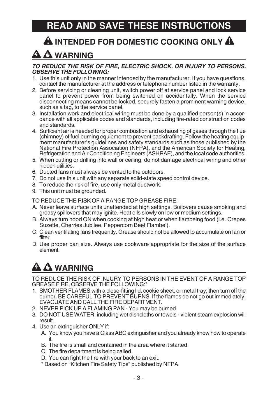 Read and save these instructions, Warning, Intended for domestic cooking only | Broan BEST K7388 User Manual | Page 3 / 40