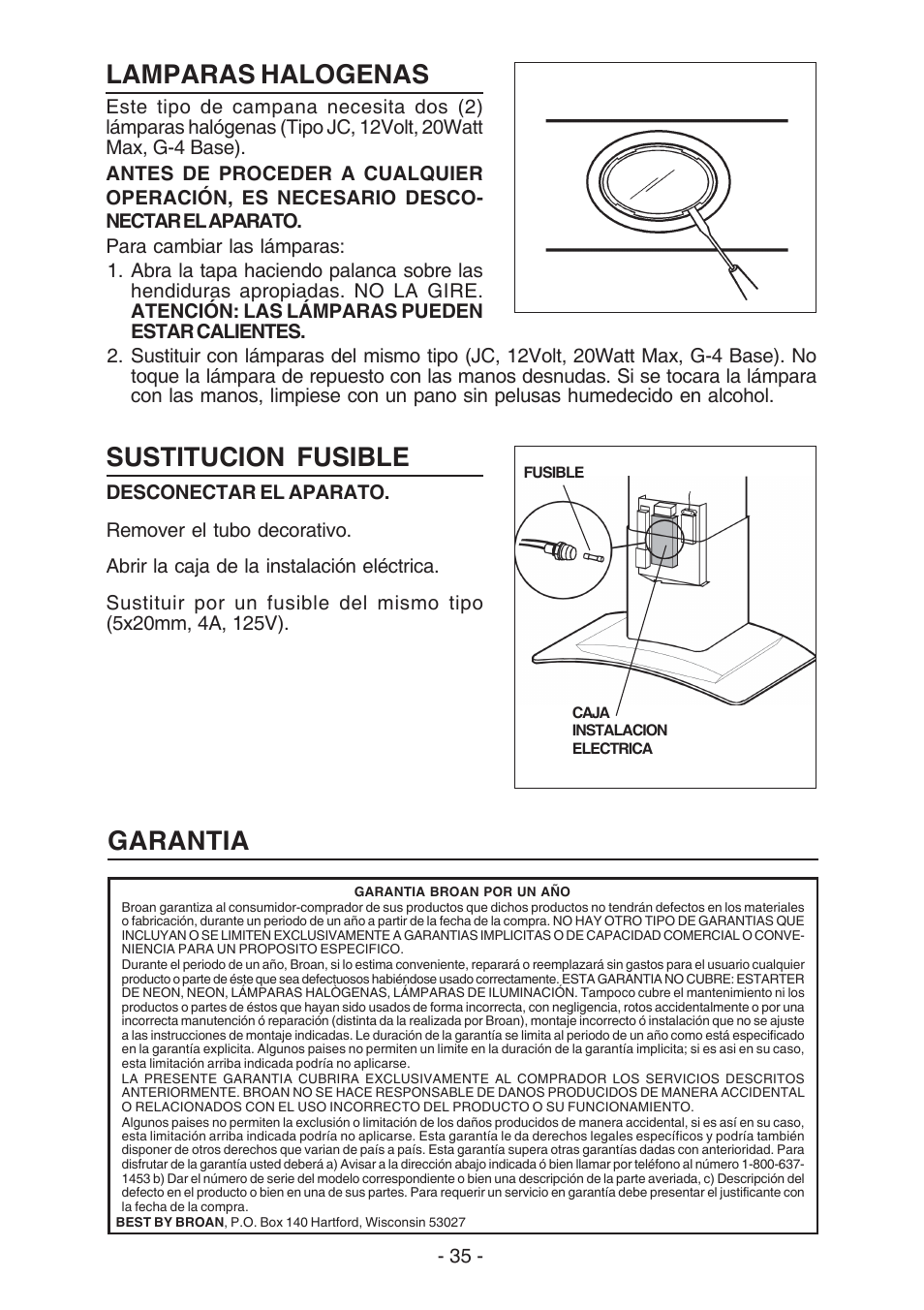 Garantia sustitucion fusible, Lamparas halogenas | Broan BEST K7388 User Manual | Page 35 / 40