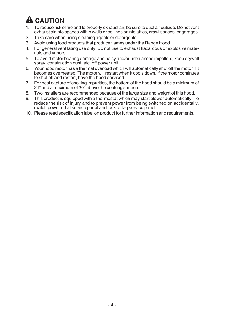 Caution | Broan BEST K7388 User Manual | Page 4 / 40
