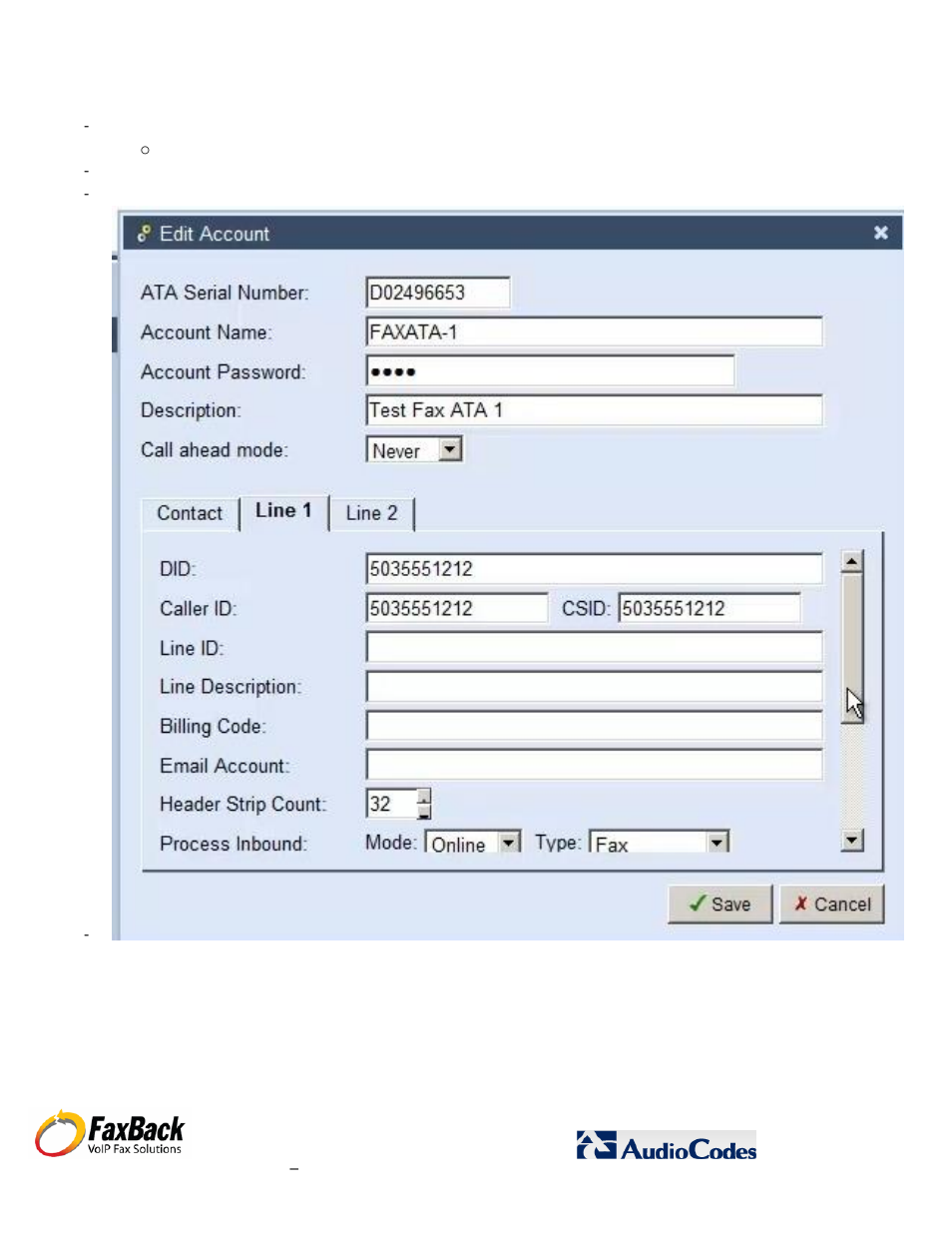 FaxBack AudioCodes Fax Connector for NET SatisFAXtion SBE / EE - Basic Fax ATA Configuration Guide User Manual | Page 8 / 17