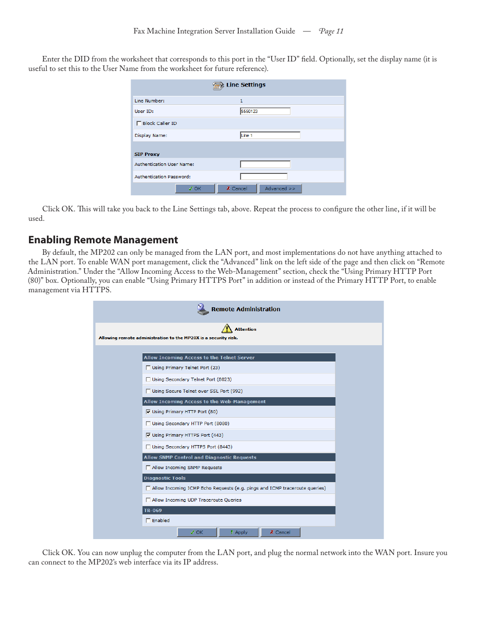 Enabling remote management | FaxBack Fax Machine Integration Server - AudioCodes MP202 User Manual | Page 11 / 14
