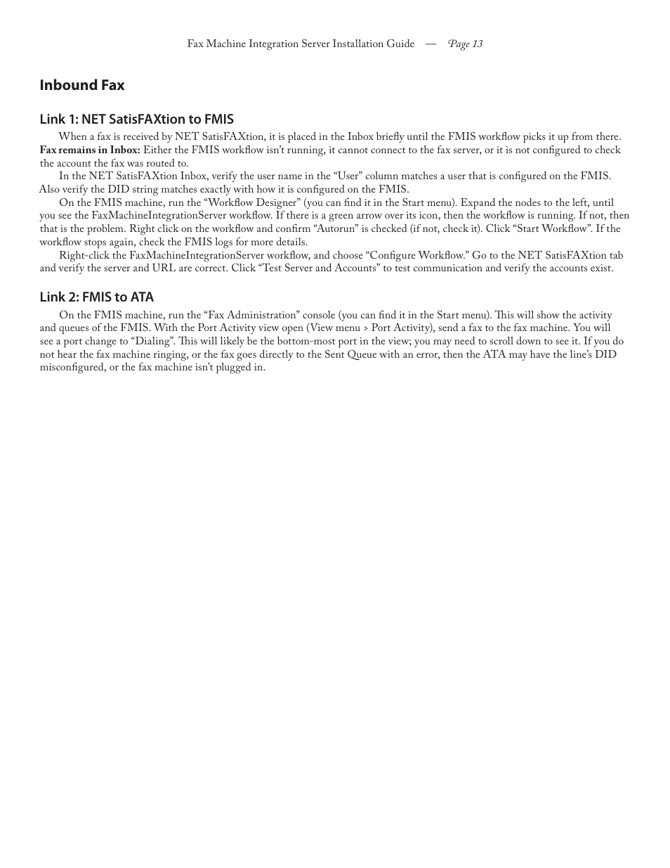 Inbound fax, Link 1: net satisfaxtion to fmis, Link 2: fmis to ata | FaxBack Fax Machine Integration Server - AudioCodes MP202 User Manual | Page 13 / 14