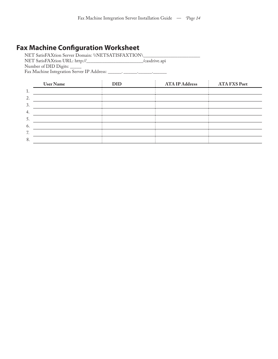 Fax machine configuration worksheet | FaxBack Fax Machine Integration Server - AudioCodes MP202 User Manual | Page 14 / 14