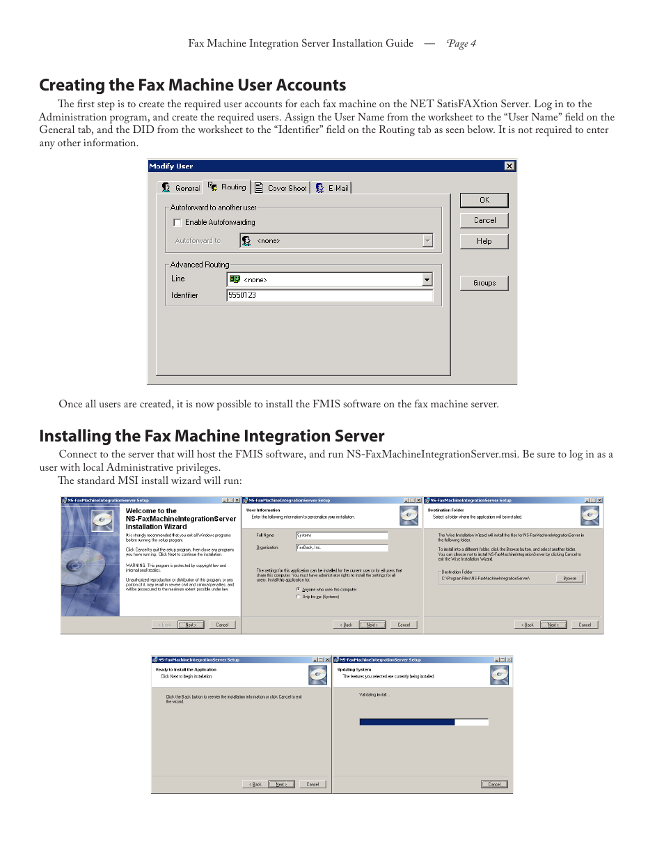 Creating the fax machine user accounts, Installing the fax machine integration server | FaxBack Fax Machine Integration Server - AudioCodes MP202 User Manual | Page 4 / 14