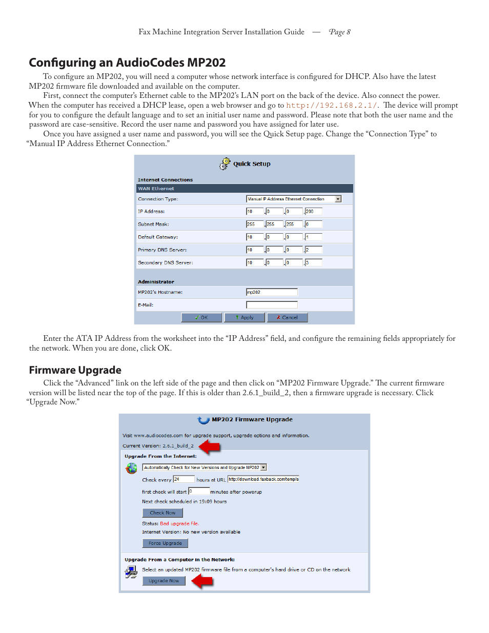 Configuring an audiocodes mp202, Firmware upgrade | FaxBack Fax Machine Integration Server - AudioCodes MP202 User Manual | Page 8 / 14