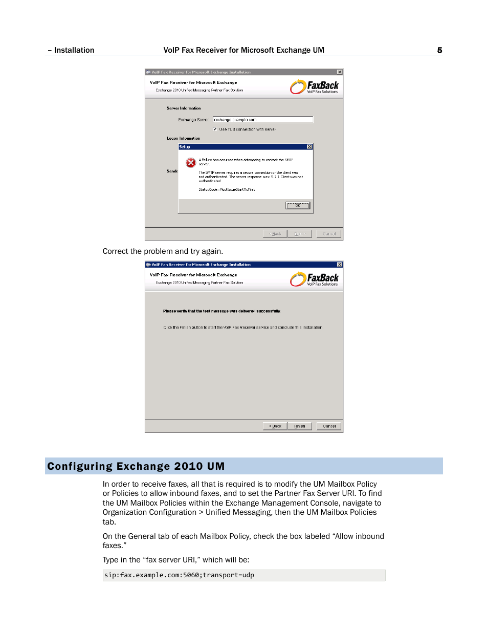 Configuring exchange 2010 um | FaxBack VoIP Fax Receiver for Microsoft Exchange 2010 UM User Manual | Page 5 / 8