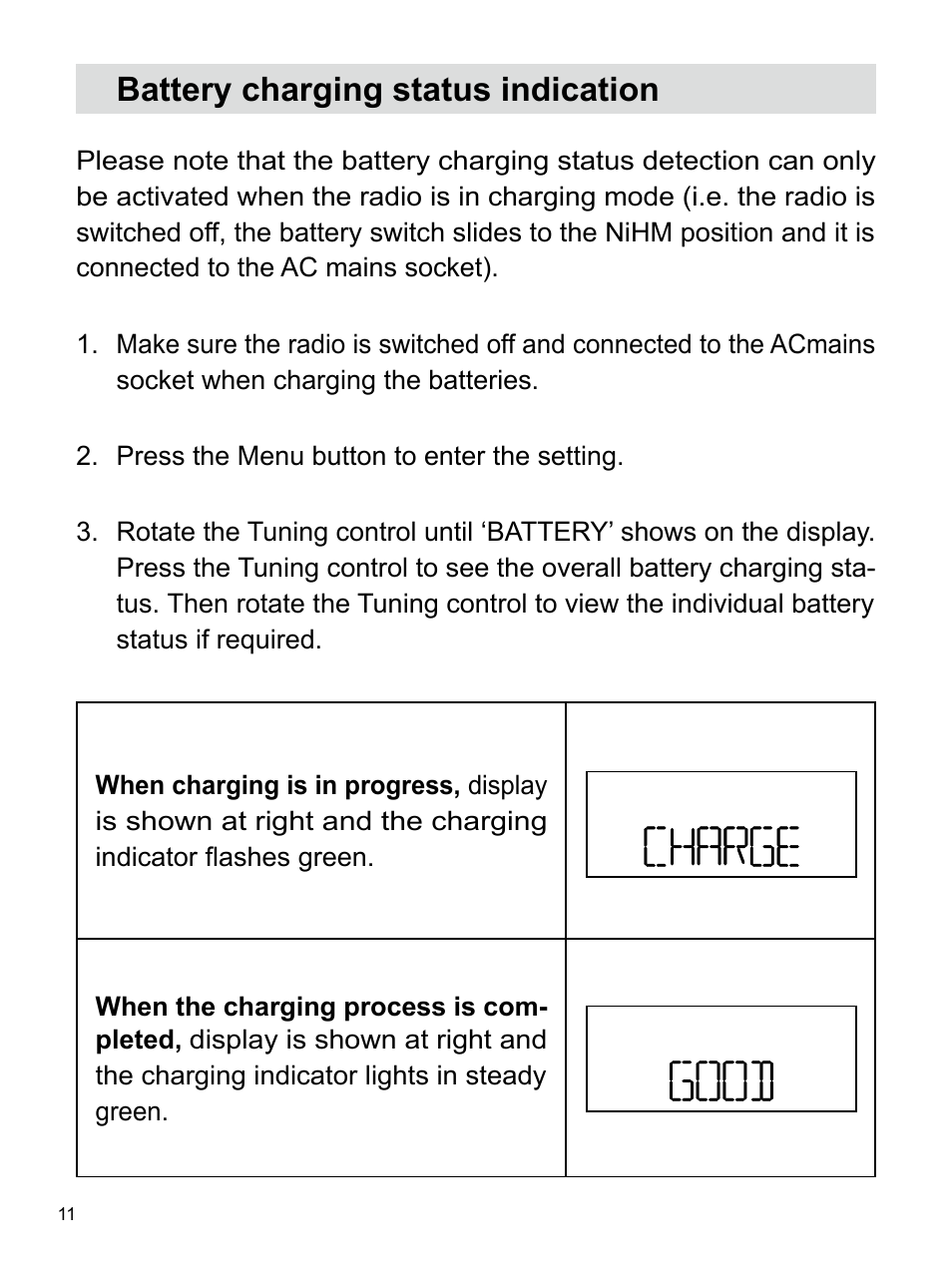 Battery charging status indication | Sangean U4 (R1) User Manual | Page 12 / 33