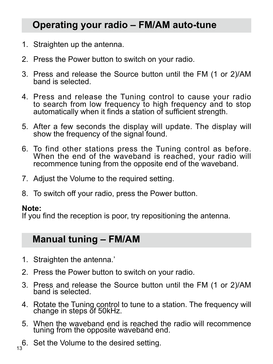 Operating your radio – fm/am auto-tune, Manual tuning – fm/am | Sangean U4 (R1) User Manual | Page 14 / 33
