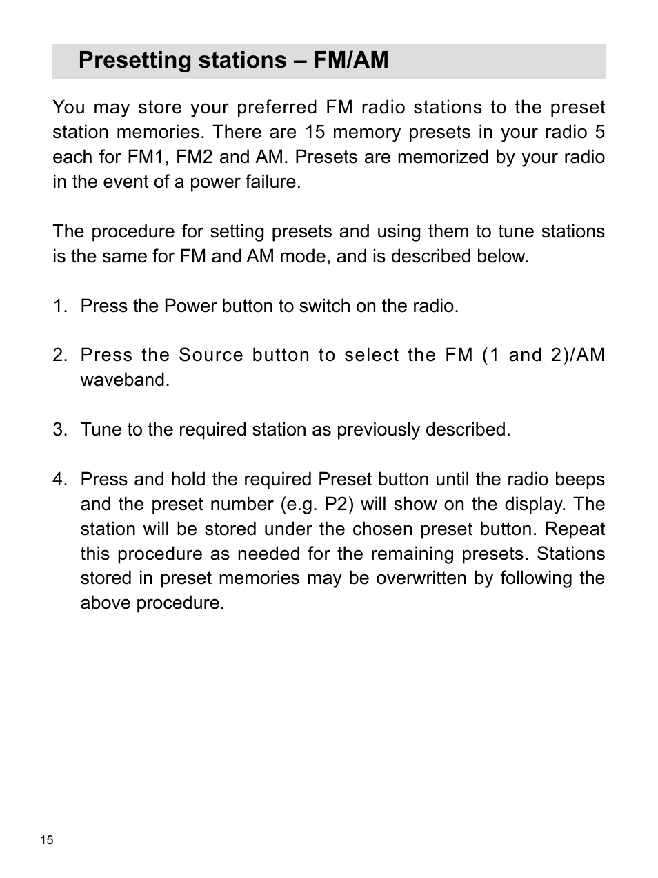 Presetting stations – fm/am | Sangean U4 (R1) User Manual | Page 16 / 33