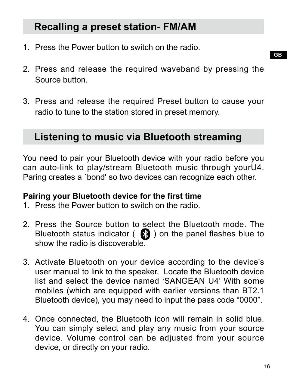 Recalling a preset station- fm/am, Listening to music via bluetooth streaming | Sangean U4 (R1) User Manual | Page 17 / 33