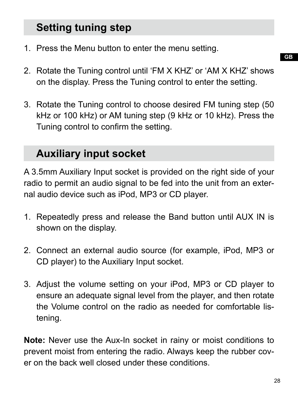 Setting tuning step auxiliary input socket | Sangean U4 (R1) User Manual | Page 29 / 33