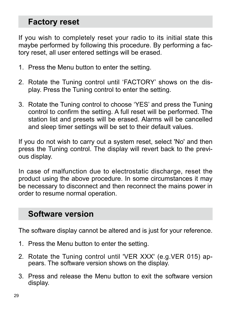 Factory reset software version | Sangean U4 (R1) User Manual | Page 30 / 33