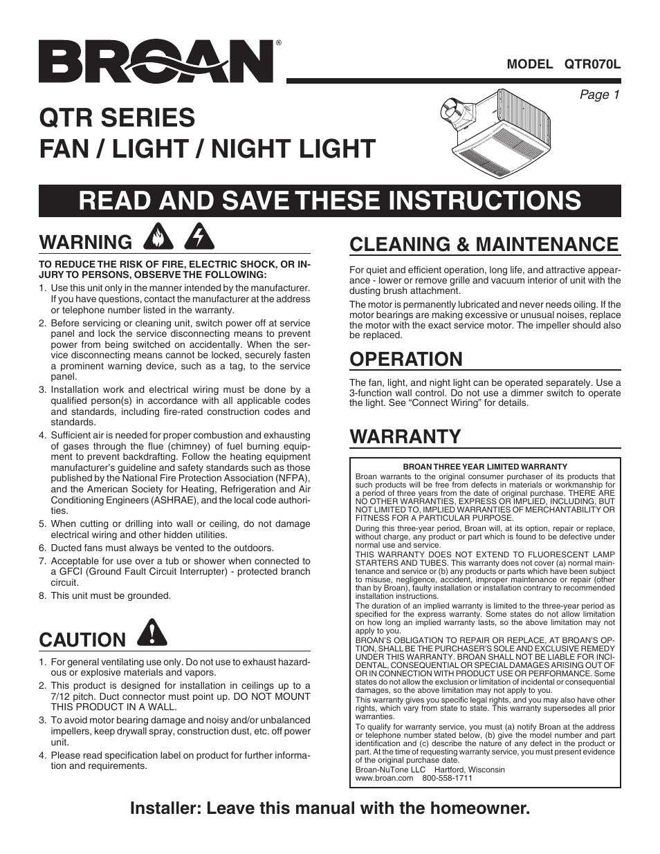 Broan QTR070L User Manual | 8 pages