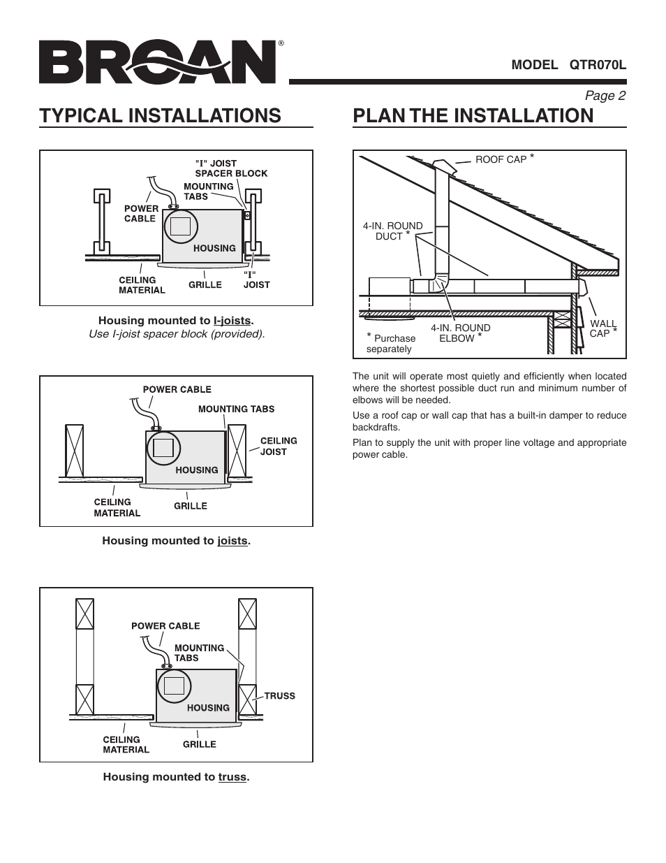 Typical installations, Plan the installation | Broan QTR070L User Manual | Page 2 / 8