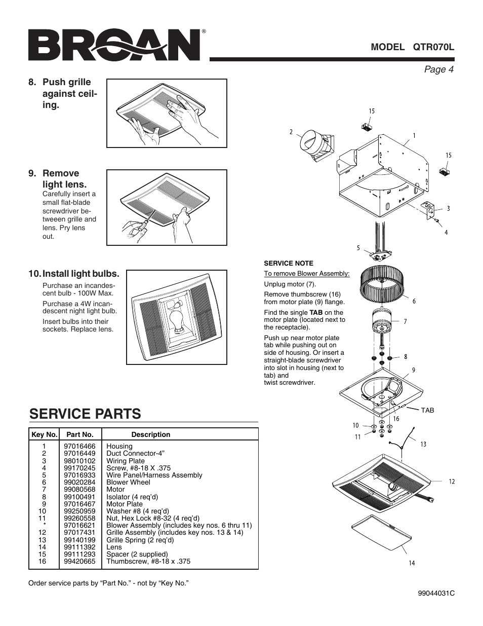 Service parts, Page  model qtr070l, Remove light lens | Broan QTR070L User Manual | Page 4 / 8