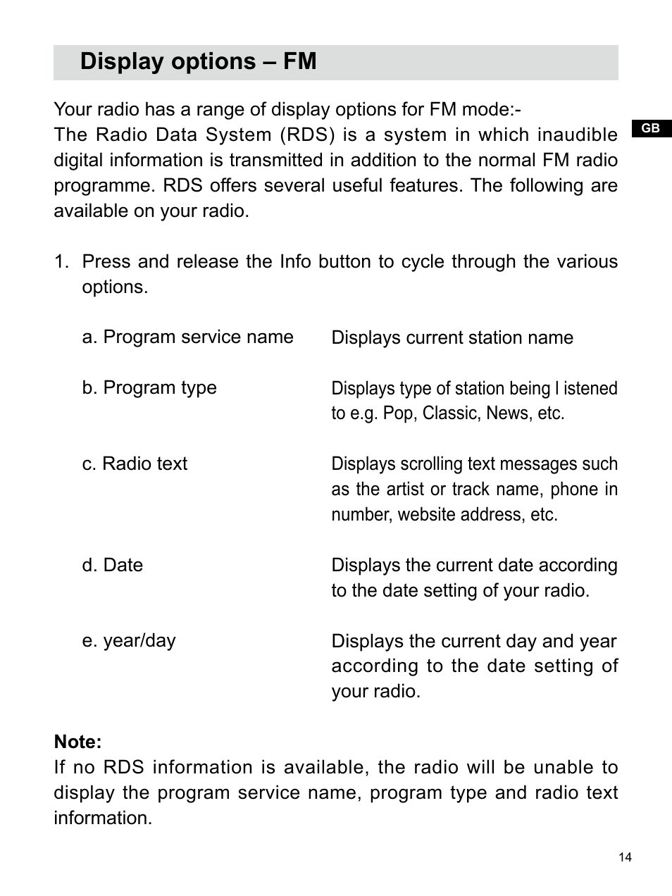 Display options – fm | Sangean U4 (V1) User Manual | Page 15 / 33