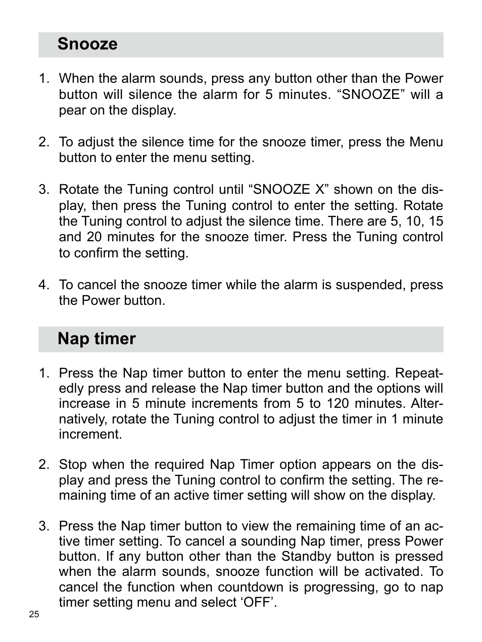 Snooze, Nap timer | Sangean U4 (V1) User Manual | Page 26 / 33