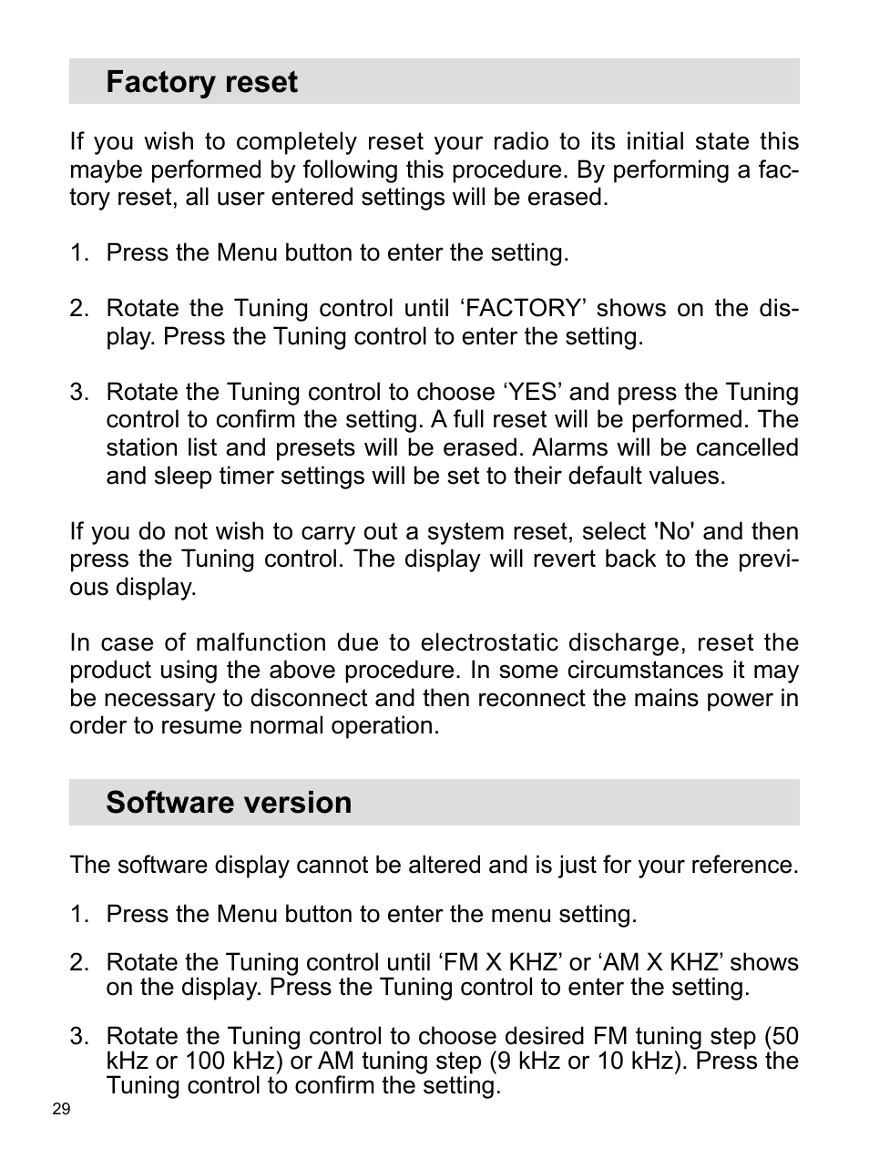 Factory reset software version | Sangean U4 (V1) User Manual | Page 30 / 33