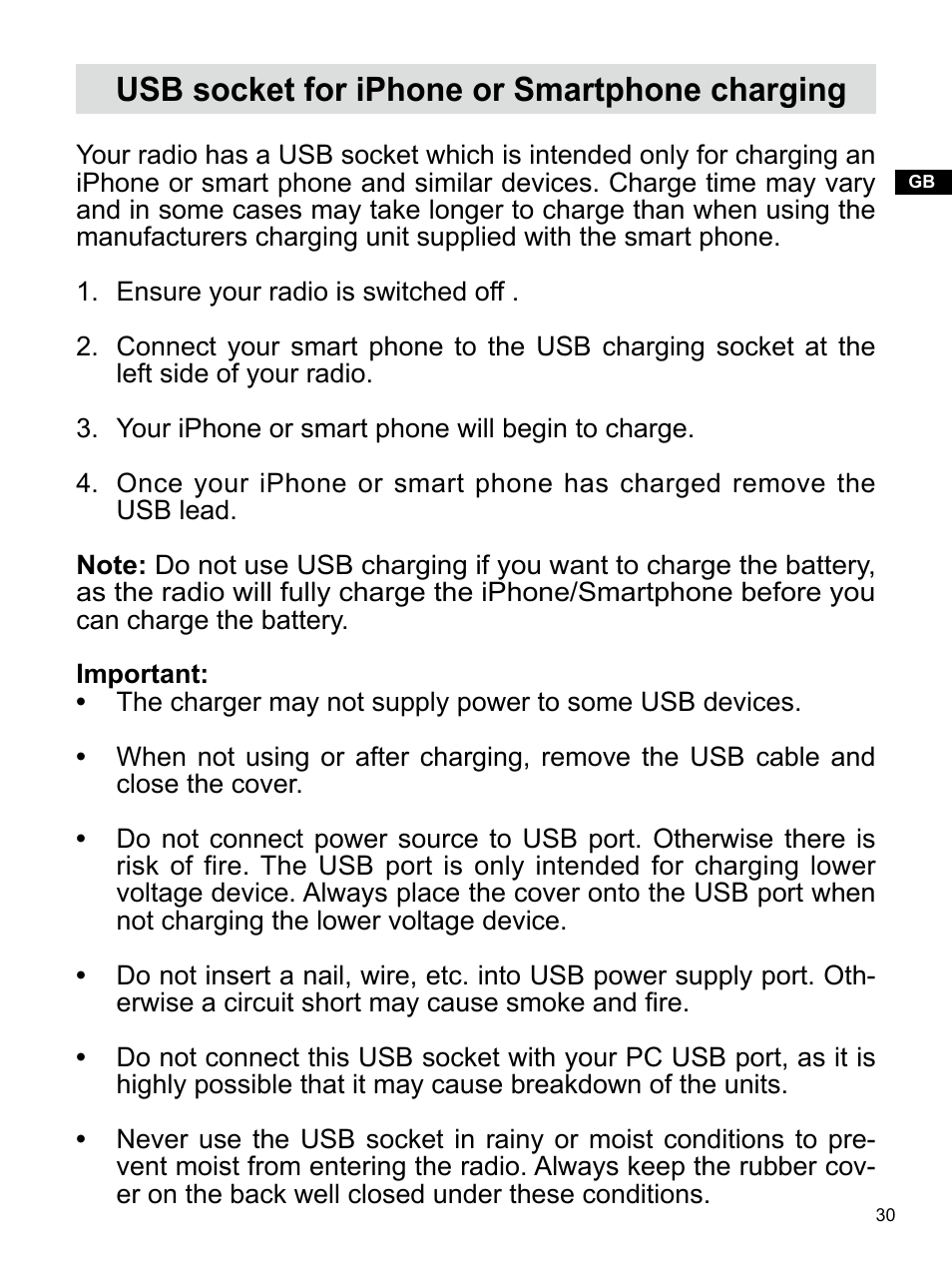 Usb socket for iphone or smartphone charging | Sangean U4 (V1) User Manual | Page 31 / 33