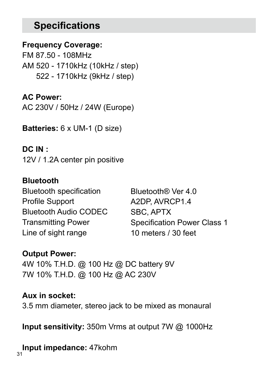 Specifications | Sangean U4 (V1) User Manual | Page 32 / 33