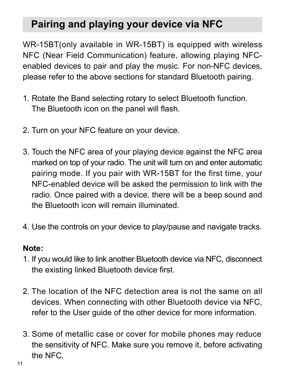 Pairing and playing your device via nfc | Sangean WR-15 (V1) User Manual | Page 12 / 15