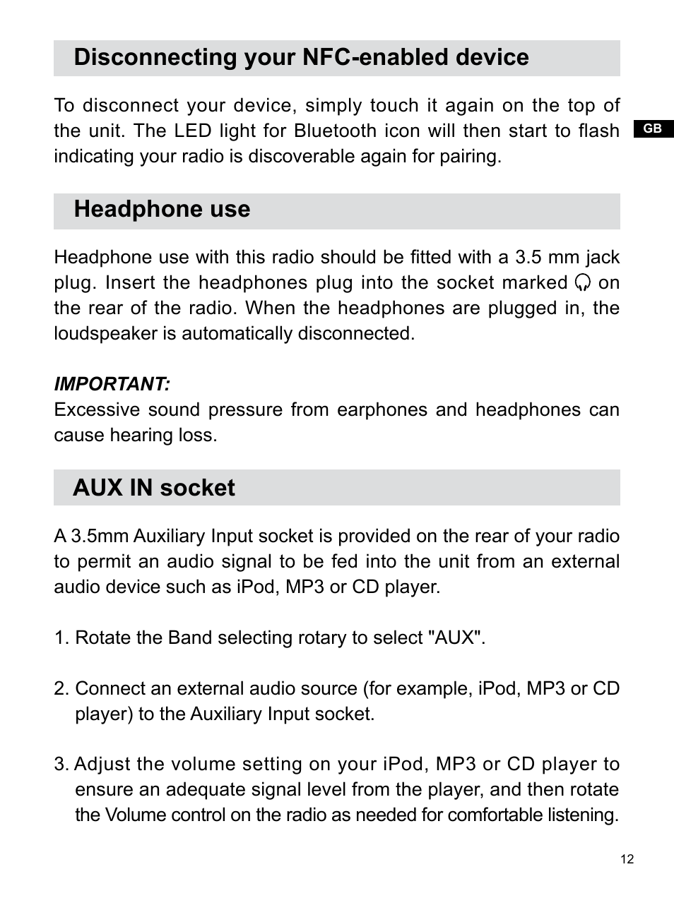 Disconnecting your nfc-enabled device, Headphone use, Aux in socket | Sangean WR-15 (V1) User Manual | Page 13 / 15