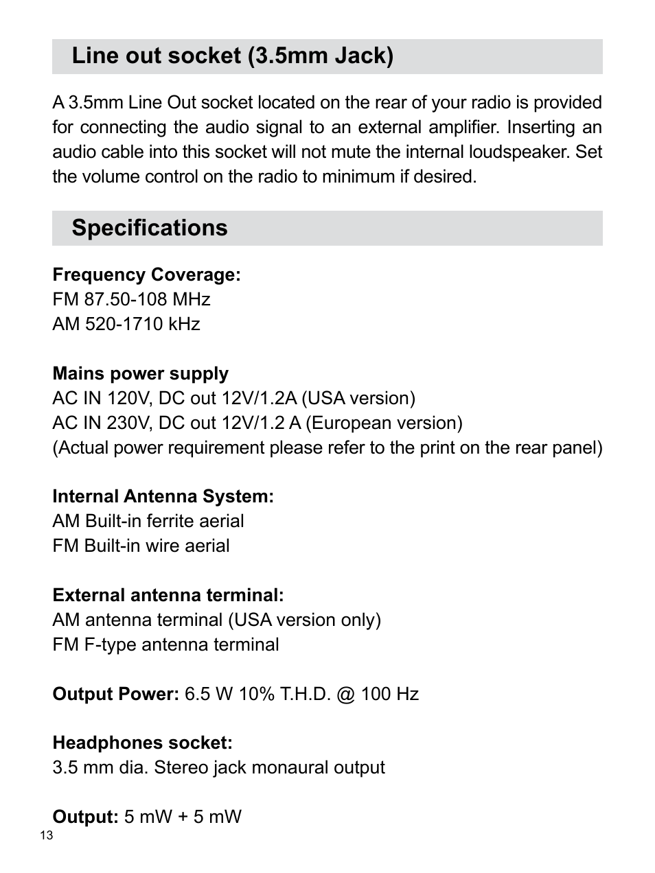 Line out socket (3.5mm jack), Specifications | Sangean WR-15 (V1) User Manual | Page 14 / 15