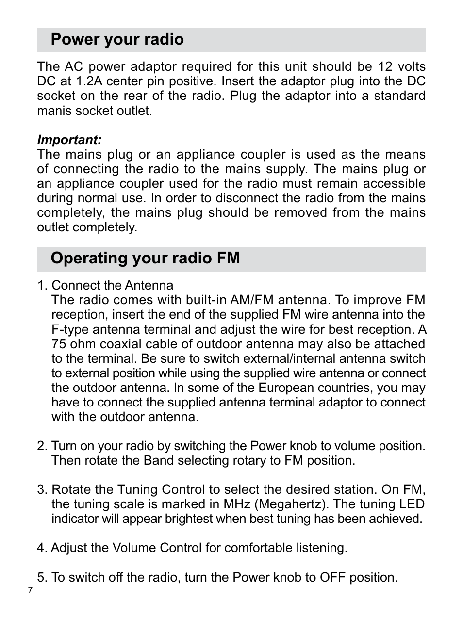 Power your radio, Operating your radio fm | Sangean WR-15 (V1) User Manual | Page 8 / 15