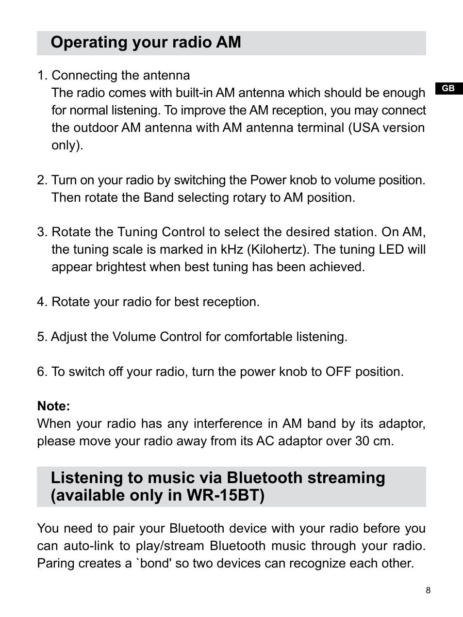 Operating your radio am | Sangean WR-15 (V1) User Manual | Page 9 / 15