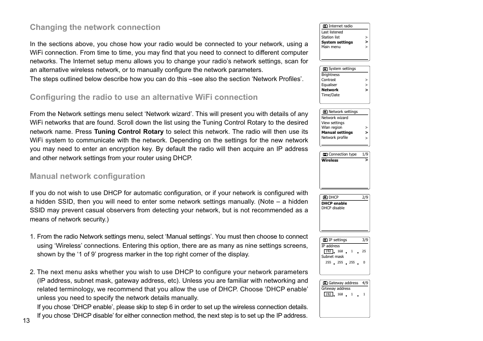 Changing the network connection, Manual network configuration | Sangean WFR-27C (R1) User Manual | Page 14 / 87