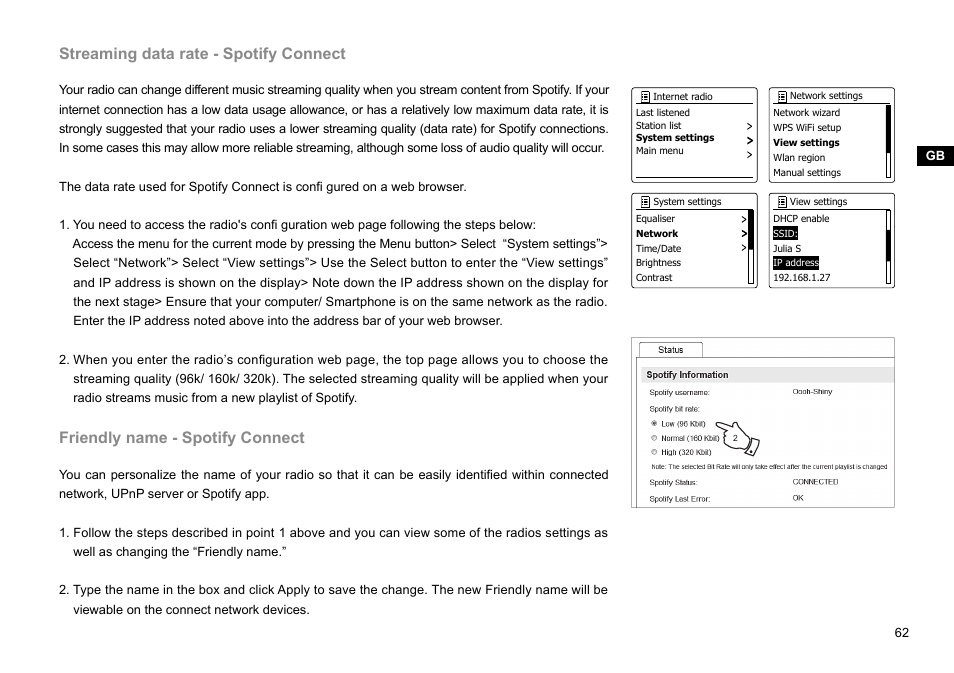 Streaming data rate - spotify connect, Friendly name - spotify connect | Sangean WFR-27C (R1) User Manual | Page 63 / 87