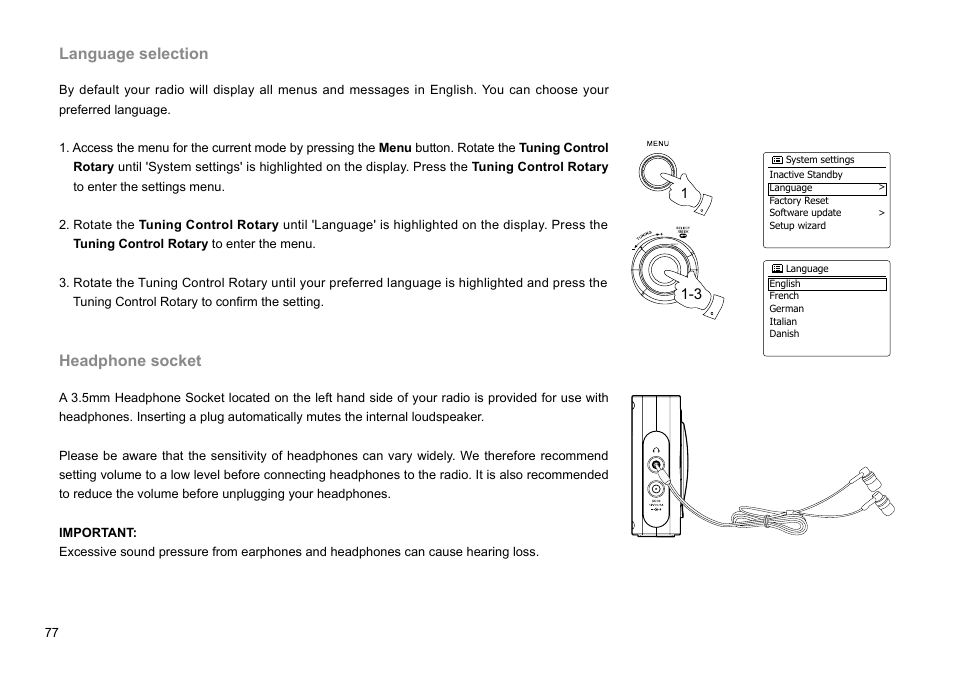 Language selection, Headphone socket | Sangean WFR-27C (R1) User Manual | Page 78 / 87
