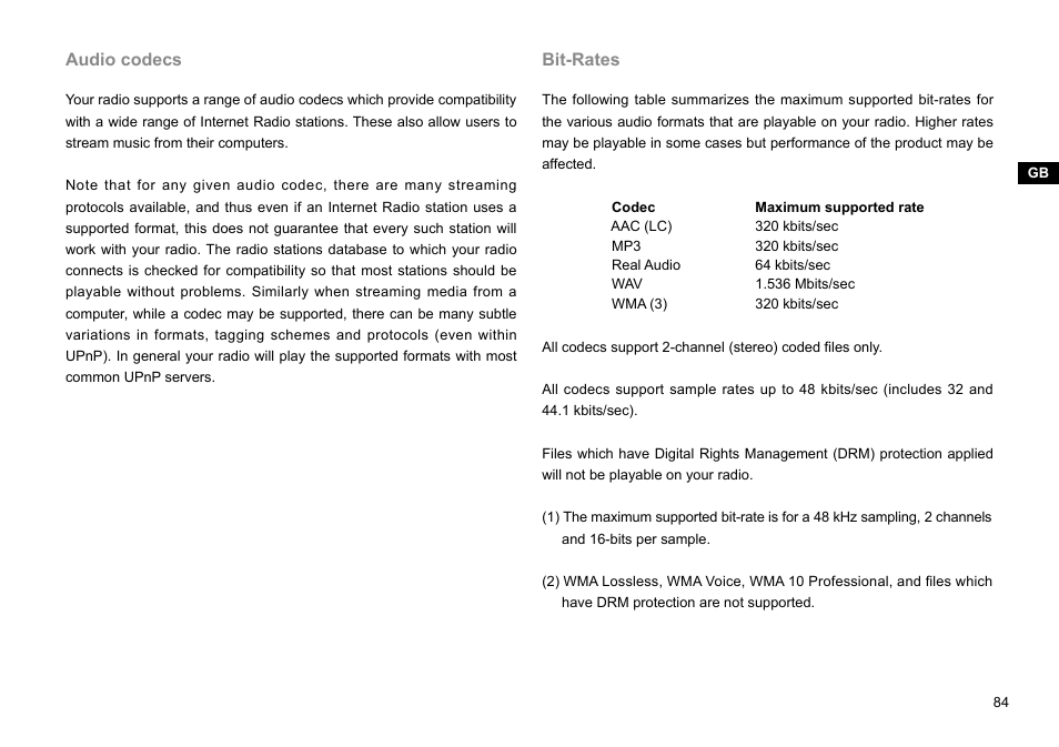Audio codecs, Bit-rates | Sangean WFR-27C (R1) User Manual | Page 85 / 87