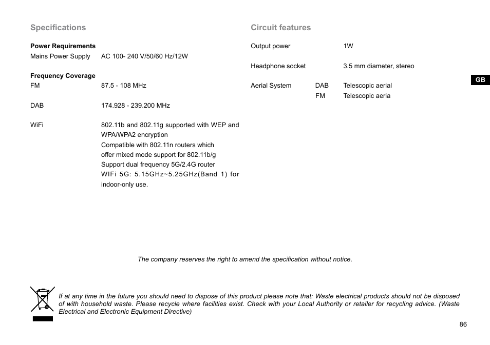 Specifications, Circuit features | Sangean WFR-27C (R1) User Manual | Page 87 / 87