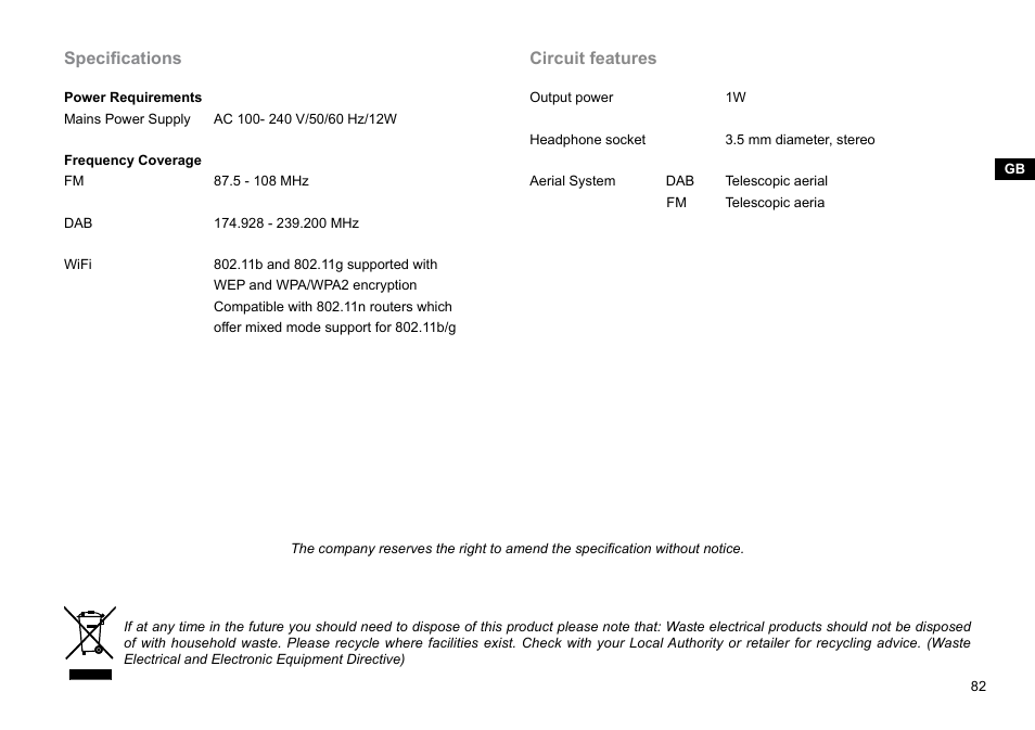 Specifications, Circuit features | Sangean WFR-27C (V1) User Manual | Page 83 / 83