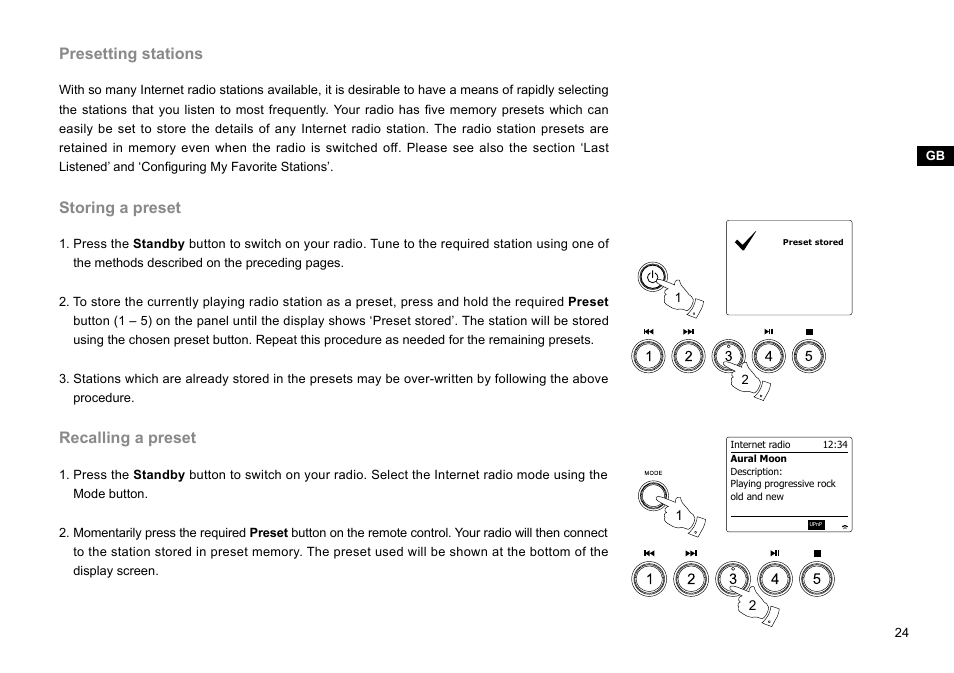 Presetting stations, Storing a preset, Recalling a preset | Sangean WFR-29C (R1) User Manual | Page 25 / 91