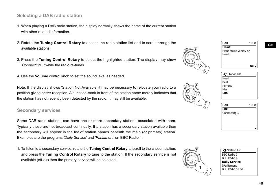 Selecting a dab radio station, Secondary services | Sangean WFR-29C (R1) User Manual | Page 49 / 91