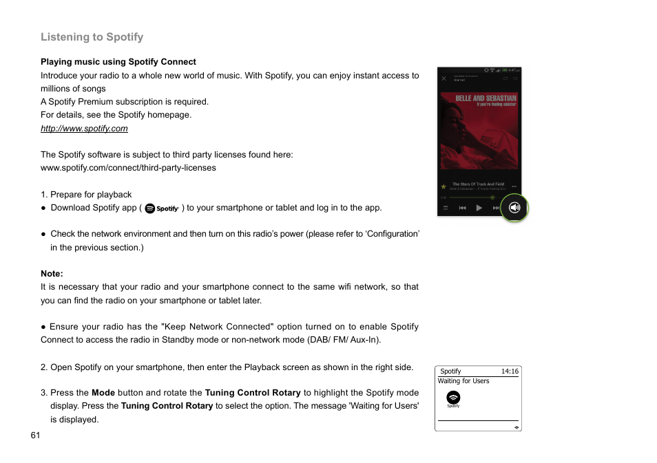 Listening to spotify | Sangean WFR-29C (R1) User Manual | Page 62 / 91