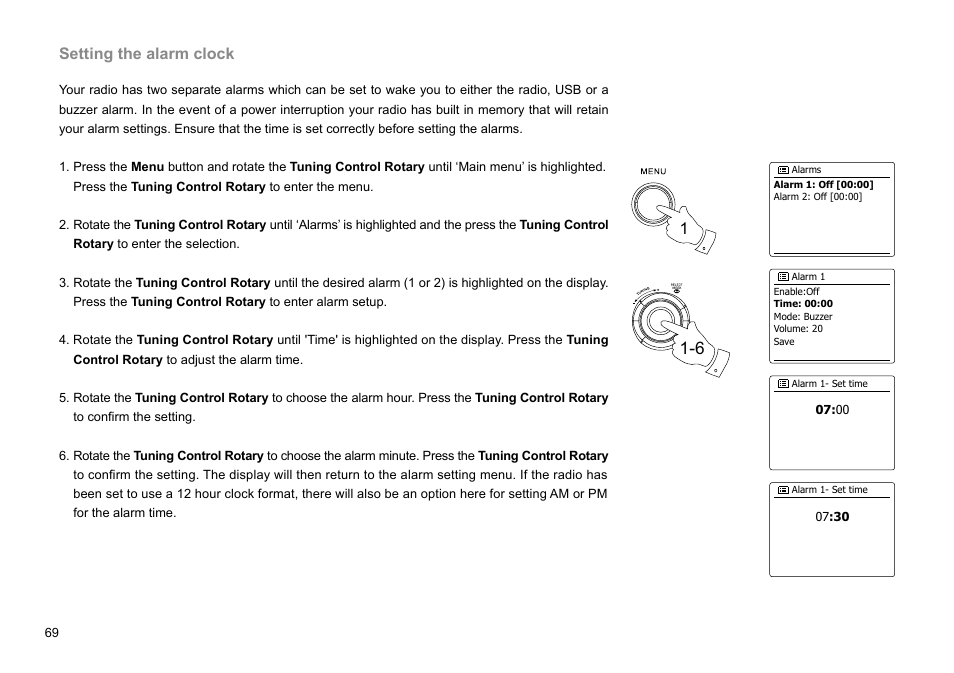 Setting the alarm clock | Sangean WFR-29C (R1) User Manual | Page 70 / 91