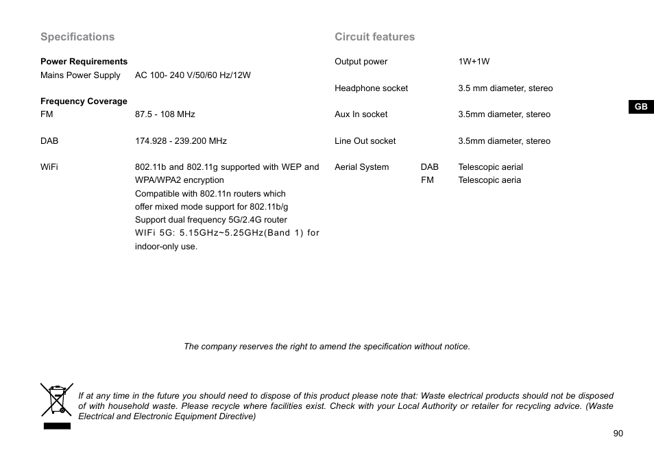 Specifications, Circuit features | Sangean WFR-29C (R1) User Manual | Page 91 / 91