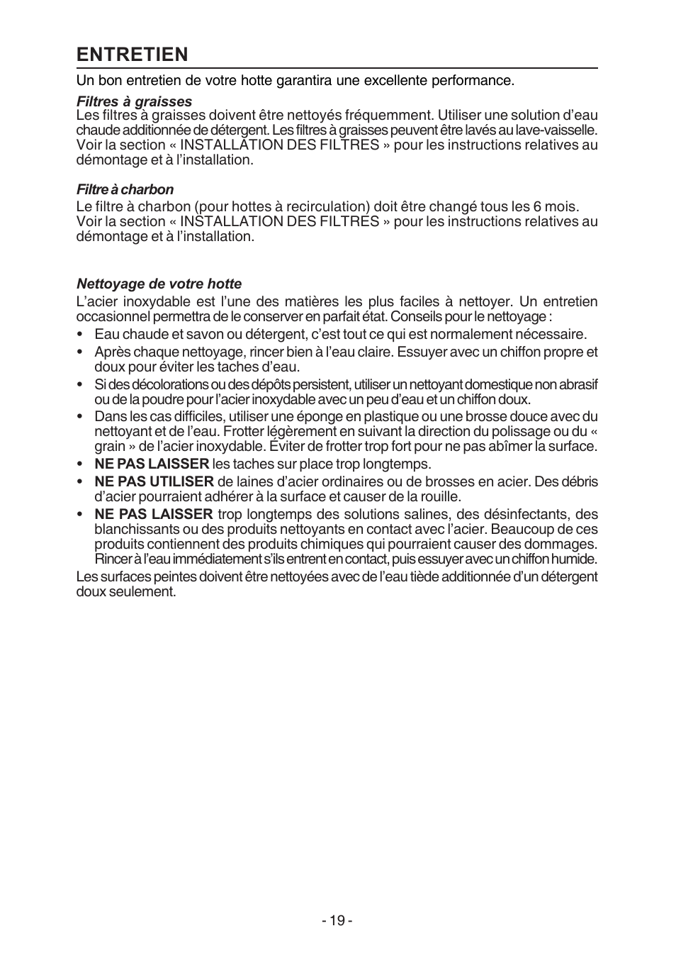 Entretien | Broan E54000 User Manual | Page 19 / 44